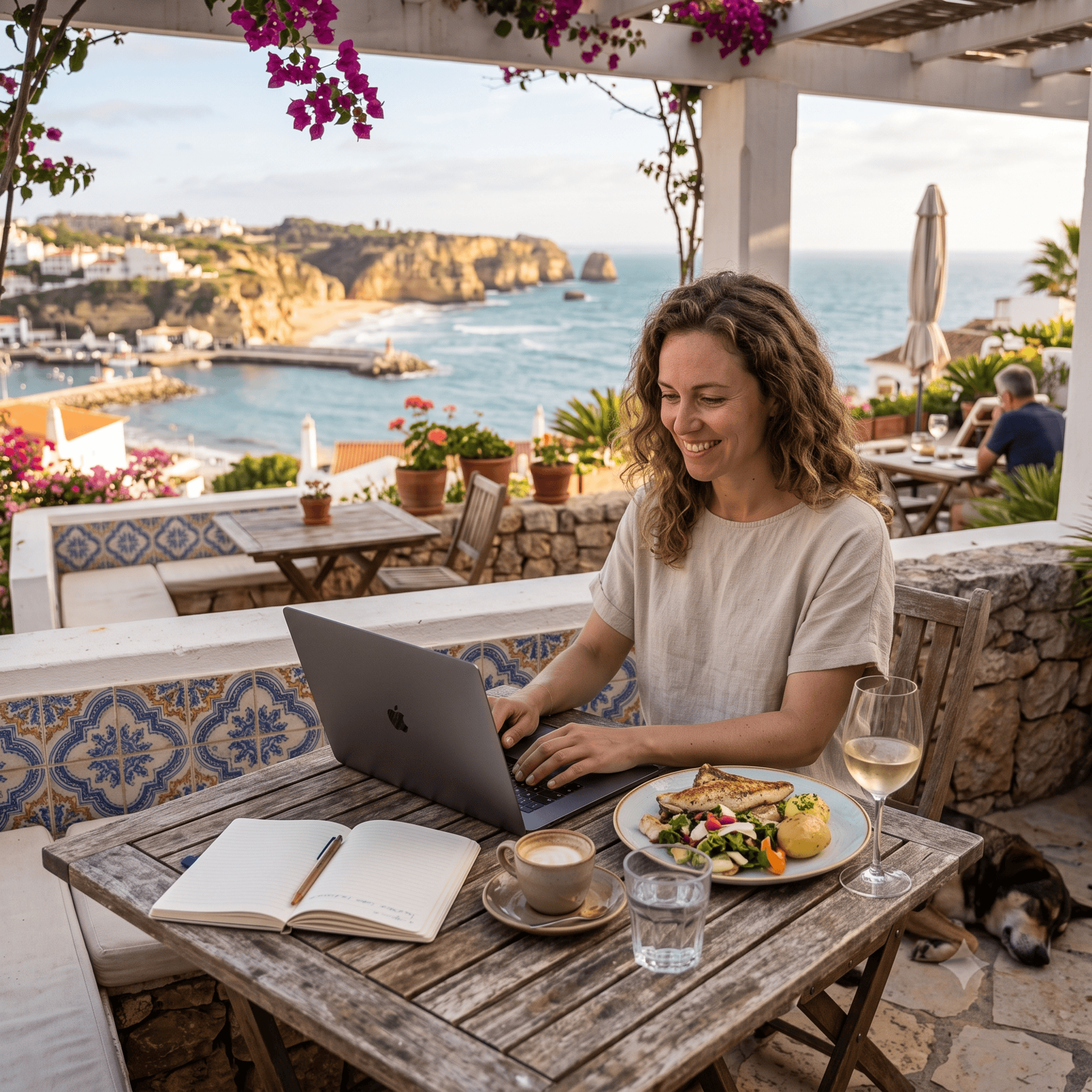 Digitale Nomadin arbeitet Als digitaler Nomade kann man von überall auf der Welt aus arbeiten.