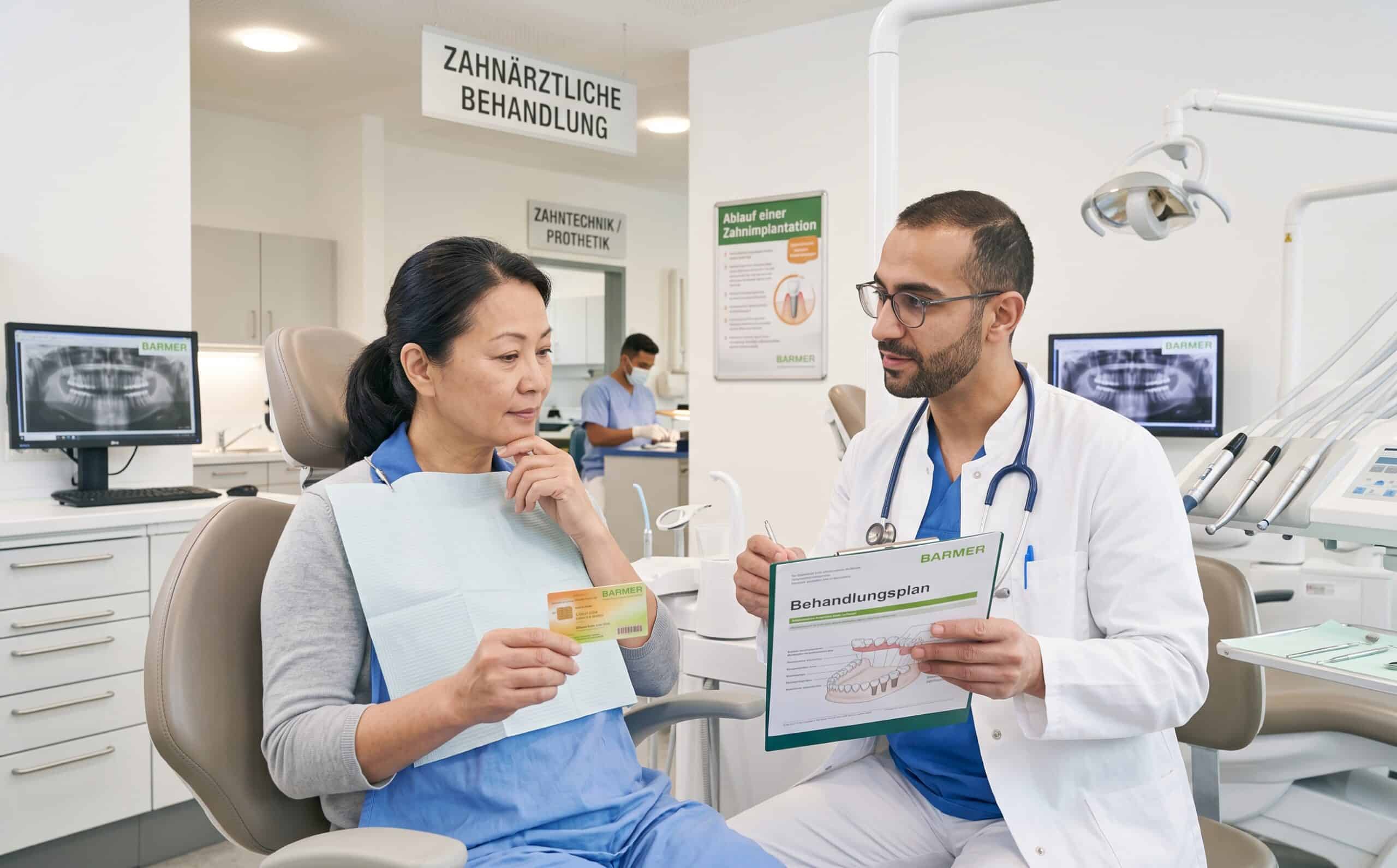Zahnarzt informiert eine Patientin über die anstehende Behandlung